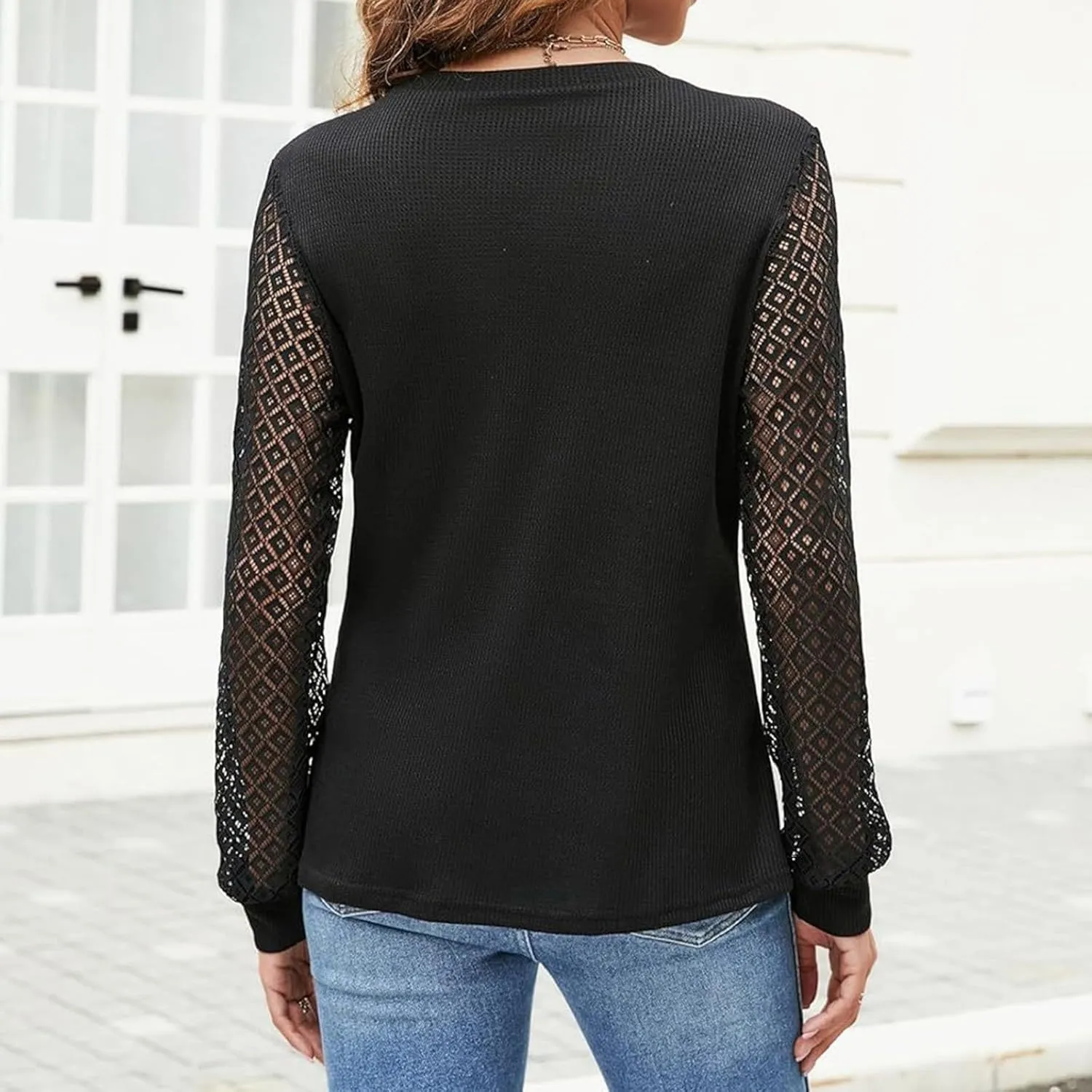 Women's Waffle Knit Business Tops Dressy Casual Knit Solid Blouses Lace Work Shirts Fall Clothes