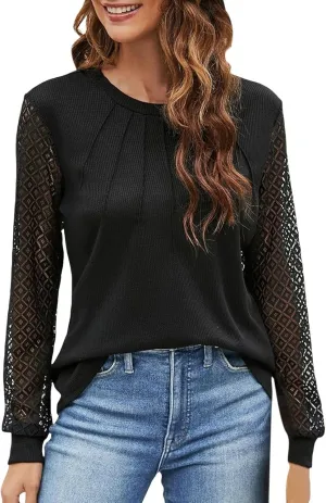 Women's Waffle Knit Business Tops Dressy Casual Knit Solid Blouses Lace Work Shirts Fall Clothes