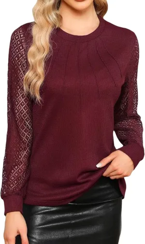 Women's Waffle Knit Business Tops Dressy Casual Knit Solid Blouses Lace Work Shirts Fall Clothes