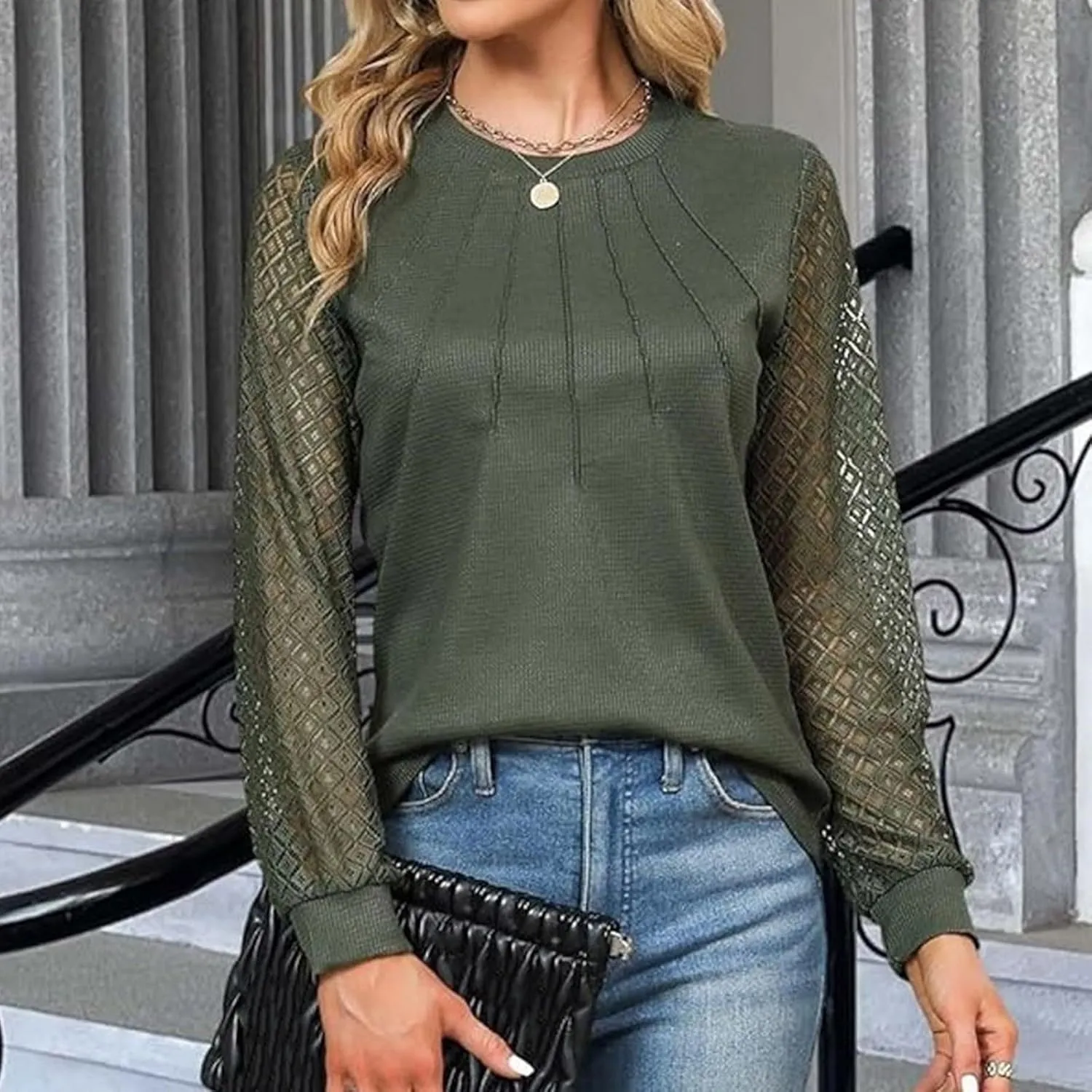 Women's Waffle Knit Business Tops Dressy Casual Knit Solid Blouses Lace Work Shirts Fall Clothes