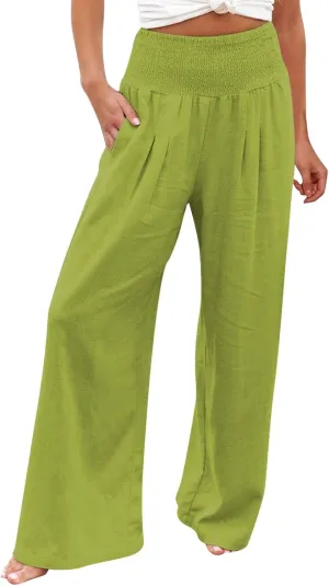 Womens Wide Leg Pants Linen Palazzo Pants Summer Boho Lounge Pant 2025 High Waist Beach Pants with Pocket