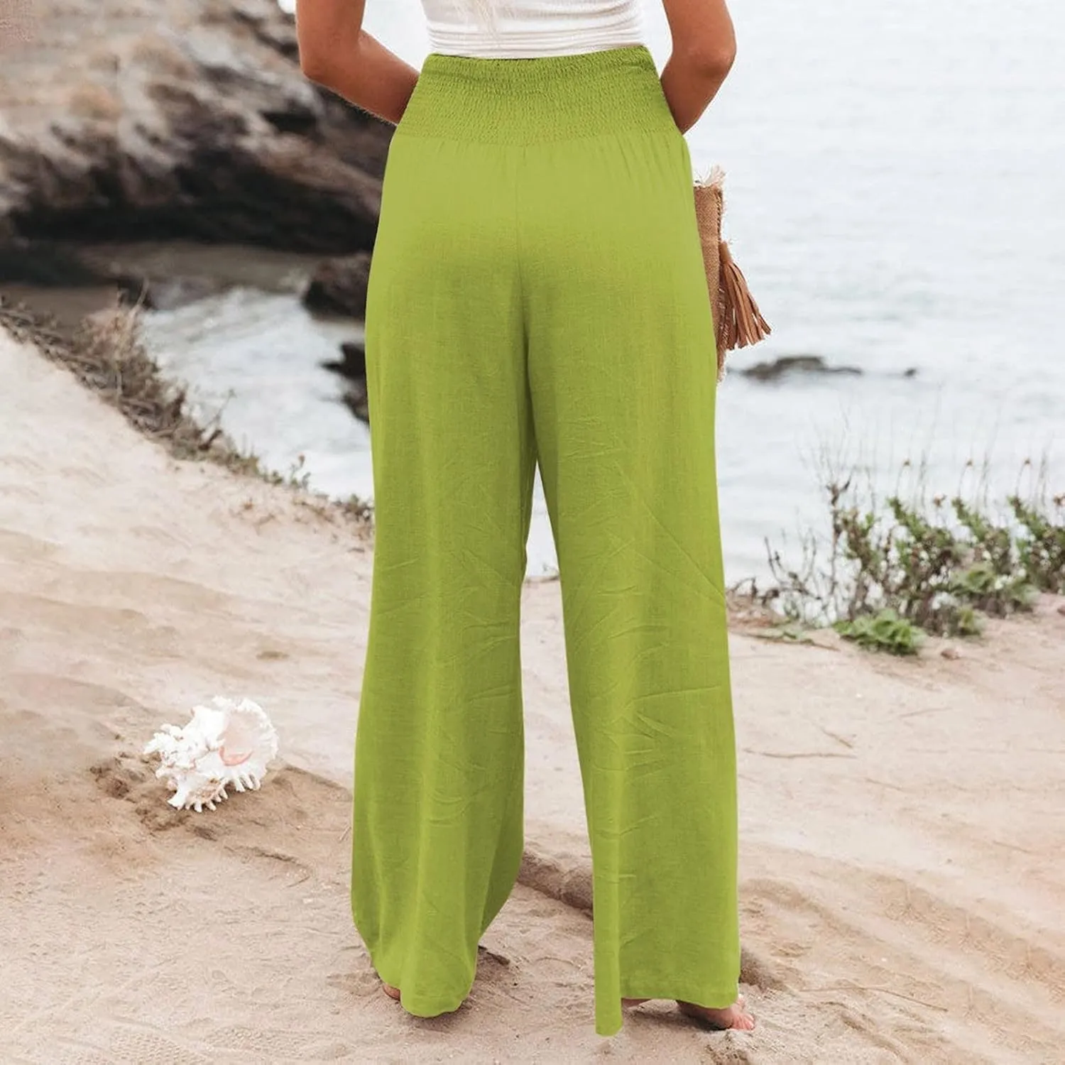 Womens Wide Leg Pants Linen Palazzo Pants Summer Boho Lounge Pant 2025 High Waist Beach Pants with Pocket