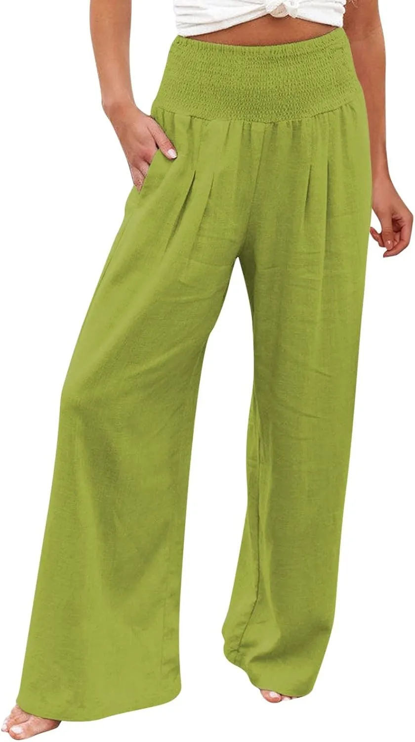 Womens Wide Leg Pants Linen Palazzo Pants Summer Boho Lounge Pant 2025 High Waist Beach Pants with Pocket