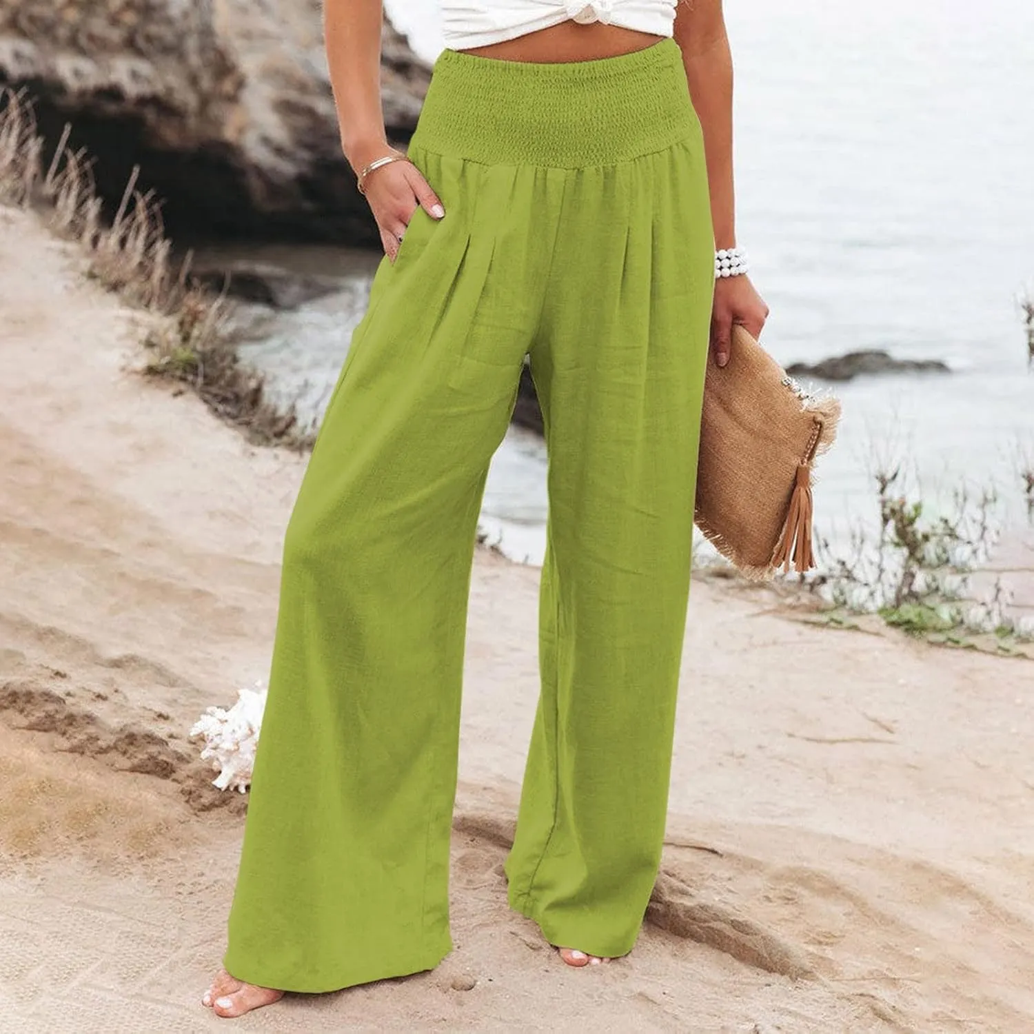 Womens Wide Leg Pants Linen Palazzo Pants Summer Boho Lounge Pant 2025 High Waist Beach Pants with Pocket