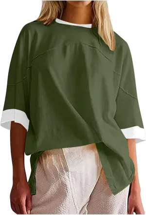 Womens Y2K Oversized Color Block Short Sleeve T Shirts Casual Crewneck Patchwork Split Hem Shirt Summer Tee Tops 2024