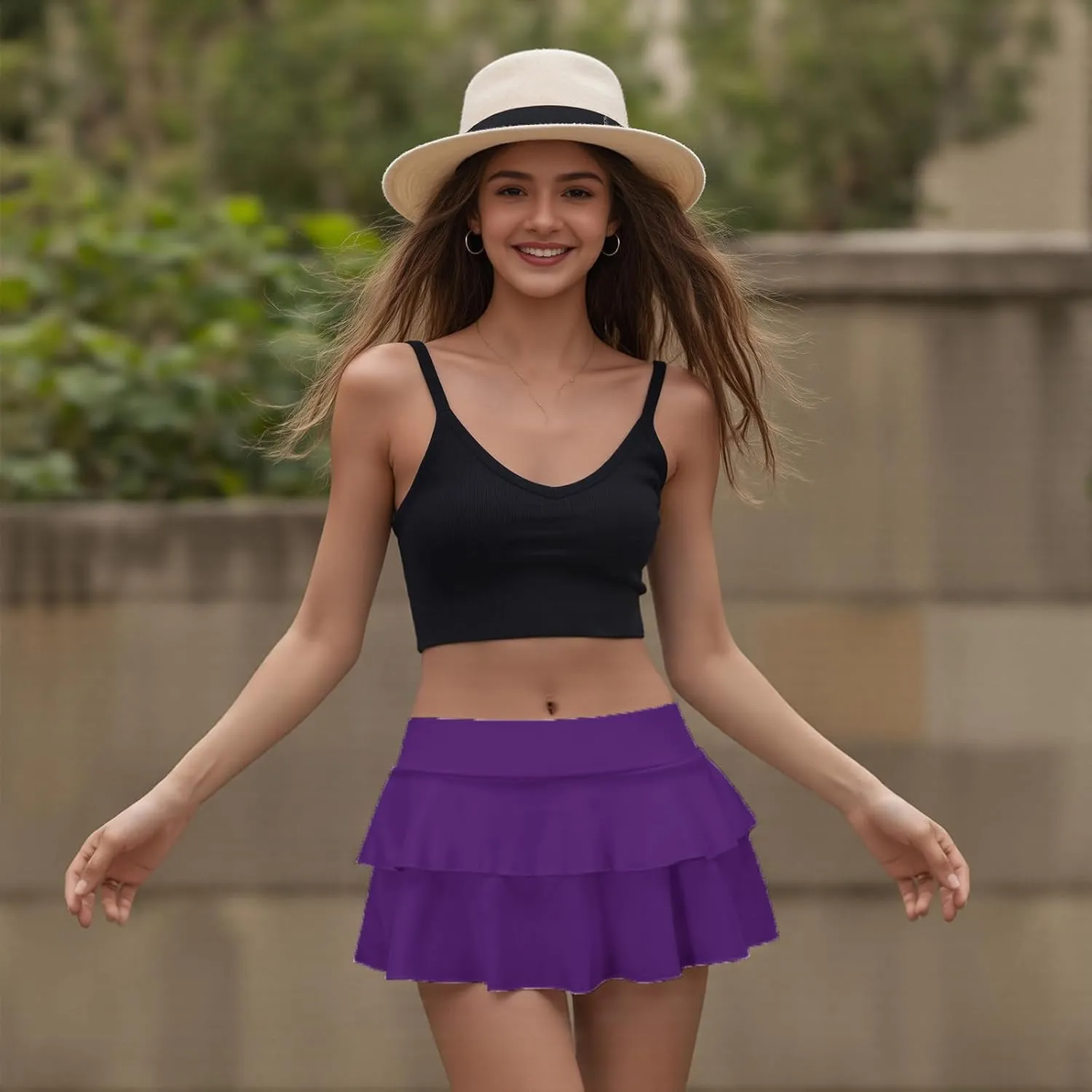 Women's Y2K Pleated Mini Skirt Sexy Double Layered Low Waist Ruffle Hem Flared Flowy Micro Short Skirt