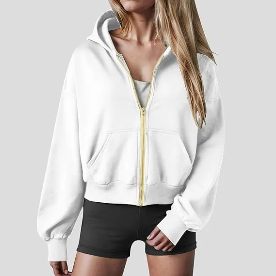 Womens Zip Up Hoodies Cropped Sweatshirts Casual Fleece Jackets Hooded Y2k Top Fall Outfits Clothes