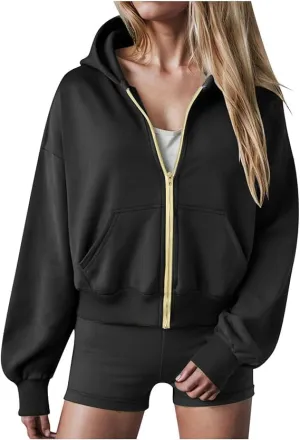 Womens Zip Up Hoodies Cropped Sweatshirts Casual Fleece Jackets Hooded Y2k Top Fall Outfits Clothes