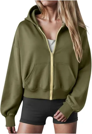 Womens Zip Up Hoodies Cropped Sweatshirts Casual Fleece Jackets Hooded Y2k Top Fall Outfits Clothes