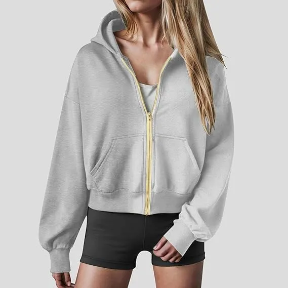 Womens Zip Up Hoodies Cropped Sweatshirts Casual Fleece Jackets Hooded Y2k Top Fall Outfits Clothes