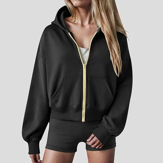 Womens Zip Up Hoodies Cropped Sweatshirts Casual Fleece Jackets Hooded Y2k Top Fall Outfits Clothes