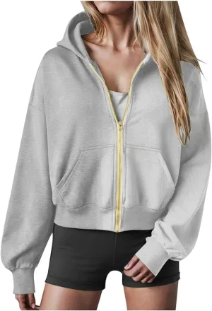 Womens Zip Up Hoodies Cropped Sweatshirts Casual Fleece Jackets Hooded Y2k Top Fall Outfits Clothes