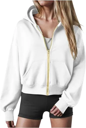 Womens Zip Up Hoodies Cropped Sweatshirts Casual Fleece Jackets Hooded Y2k Top Fall Outfits Clothes