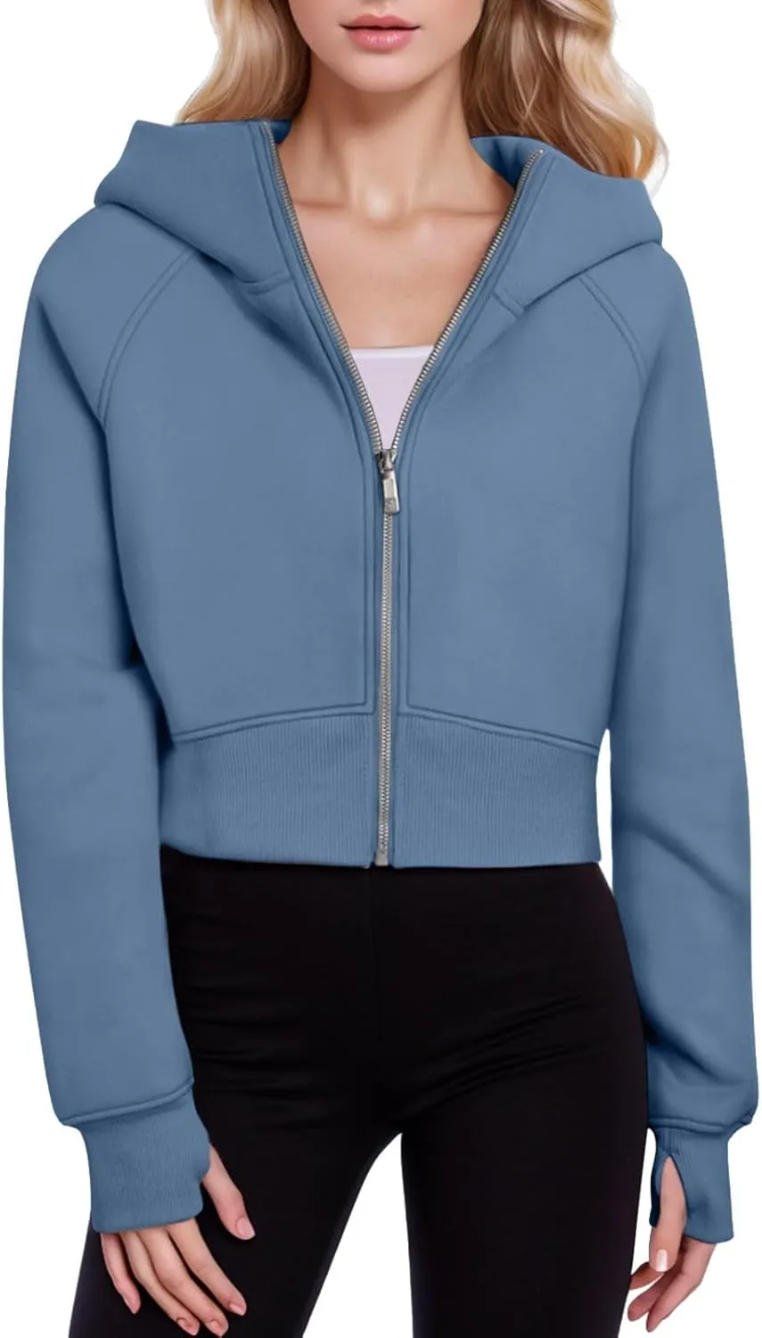Womens Zip Up Hoodies Cropped Sweatshirts Fleece Jackets Fall Outfits Casual Hooded Y2k Tops Winter Clothes
