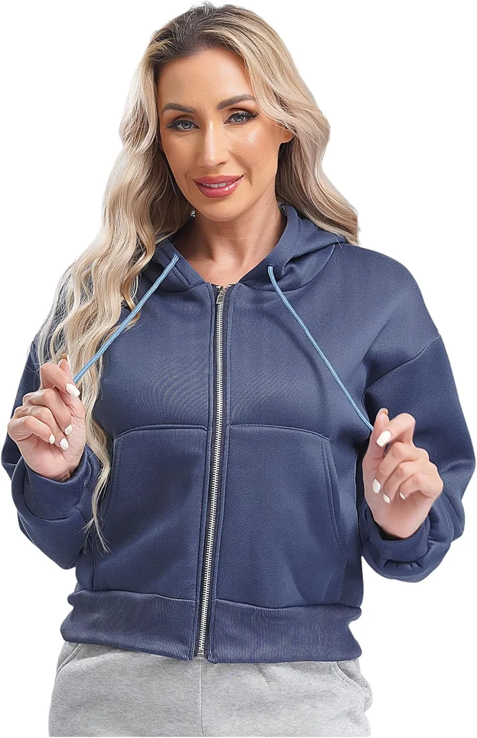 Women's Zip Up Hoodies Fleece-Lined Cropped Long Sleeve Sweatshirts with Pockets Casual Cropped Hoodie