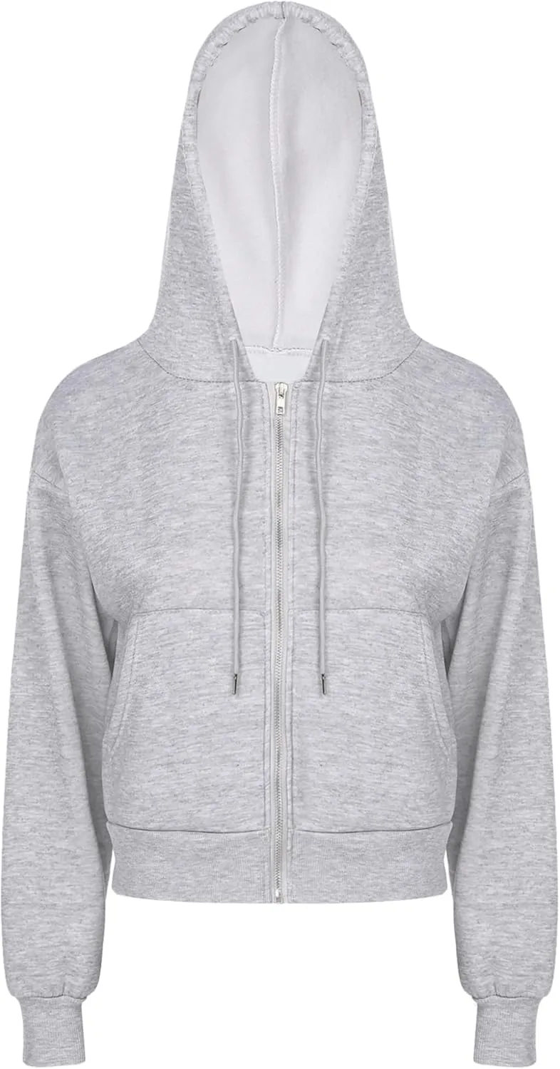 Women's Zip Up Hoodies Fleece-Lined Cropped Long Sleeve Sweatshirts with Pockets Casual Cropped Hoodie