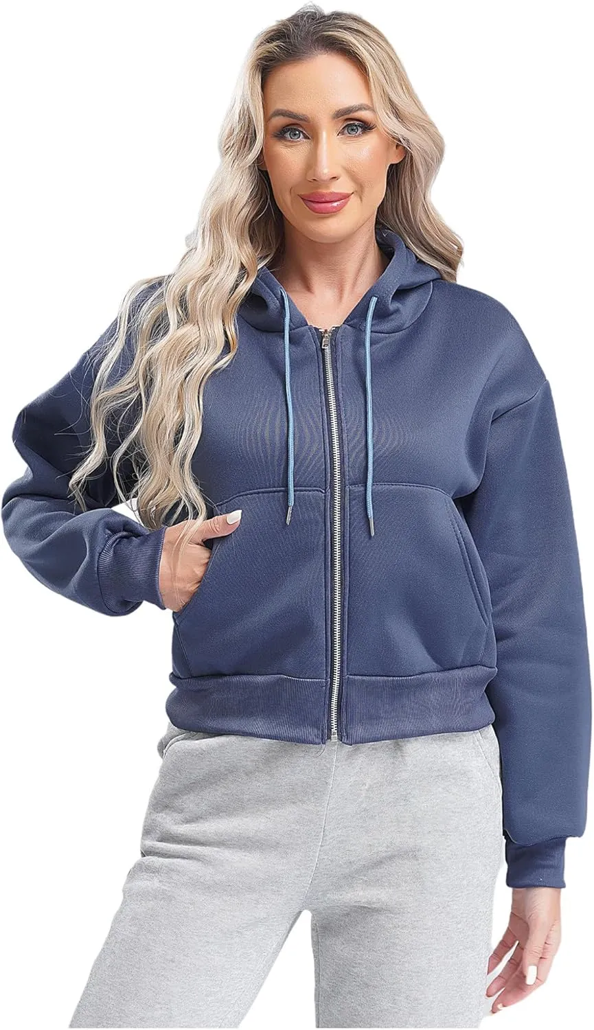 Women's Zip Up Hoodies Fleece-Lined Cropped Long Sleeve Sweatshirts with Pockets Casual Cropped Hoodie