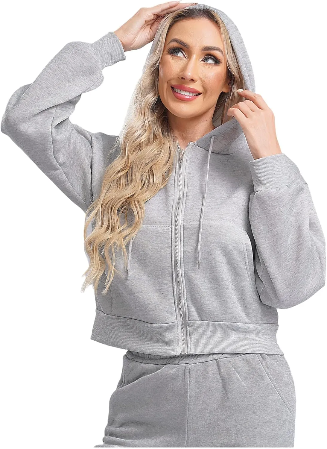 Women's Zip Up Hoodies Fleece-Lined Cropped Long Sleeve Sweatshirts with Pockets Casual Cropped Hoodie