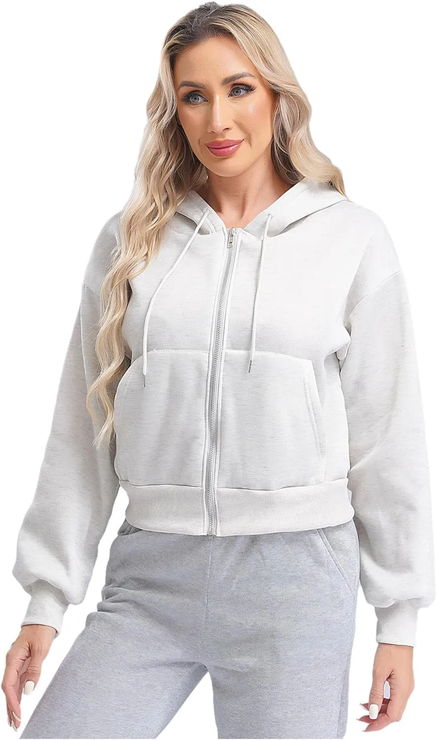 Women's Zip Up Hoodies Fleece-Lined Cropped Long Sleeve Sweatshirts with Pockets Casual Cropped Hoodie