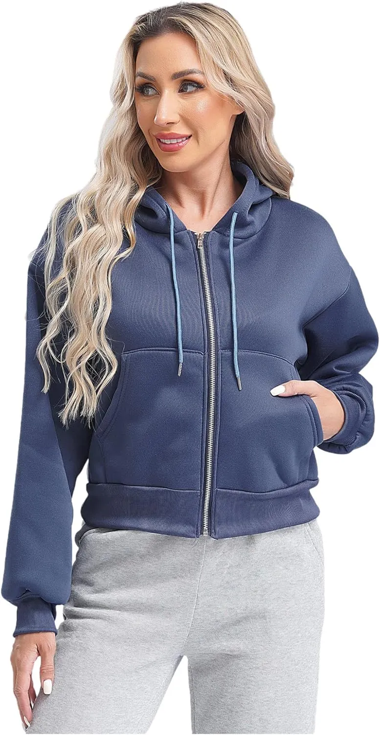 Women's Zip Up Hoodies Fleece-Lined Cropped Long Sleeve Sweatshirts with Pockets Casual Cropped Hoodie