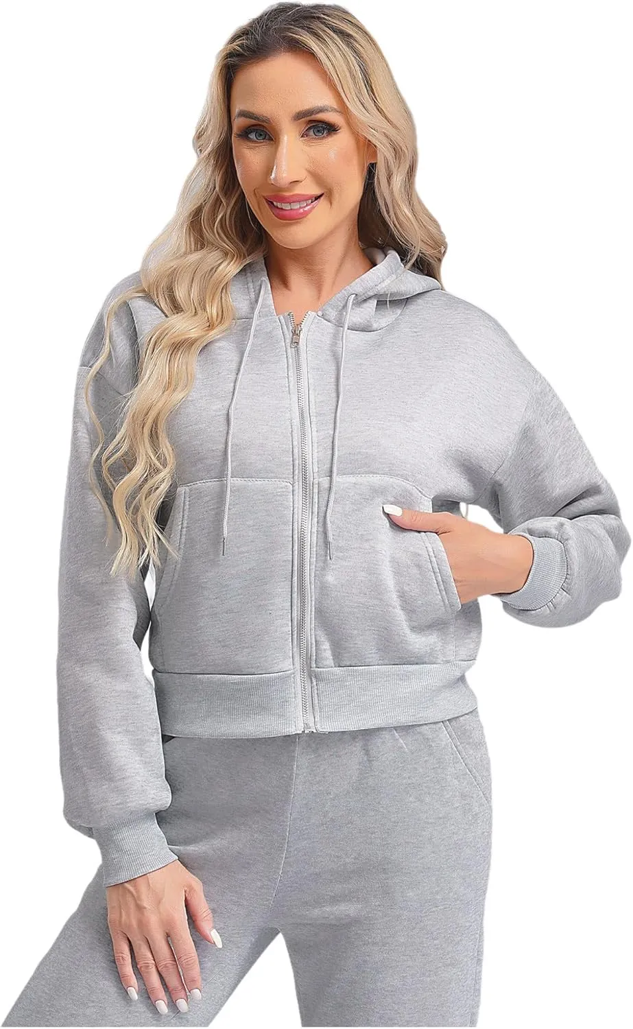 Women's Zip Up Hoodies Fleece-Lined Cropped Long Sleeve Sweatshirts with Pockets Casual Cropped Hoodie