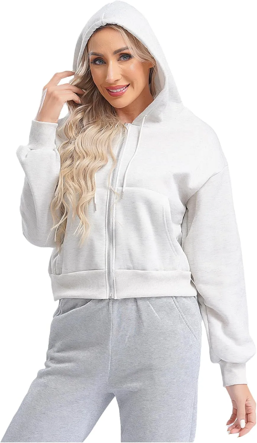 Women's Zip Up Hoodies Fleece-Lined Cropped Long Sleeve Sweatshirts with Pockets Casual Cropped Hoodie