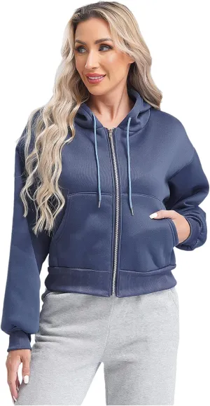 Women's Zip Up Hoodies Fleece-Lined Cropped Long Sleeve Sweatshirts with Pockets Casual Cropped Hoodie