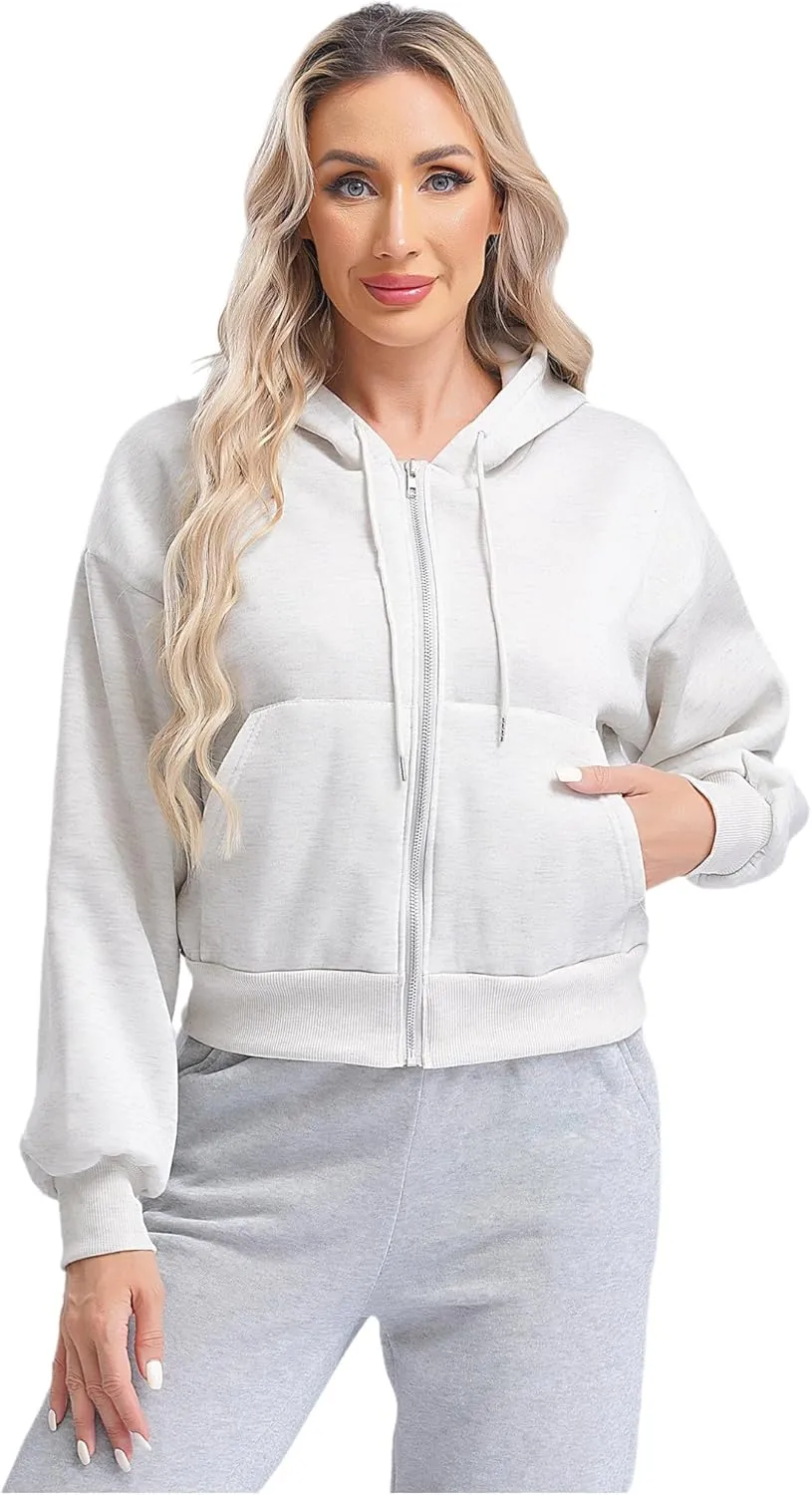 Women's Zip Up Hoodies Fleece-Lined Cropped Long Sleeve Sweatshirts with Pockets Casual Cropped Hoodie