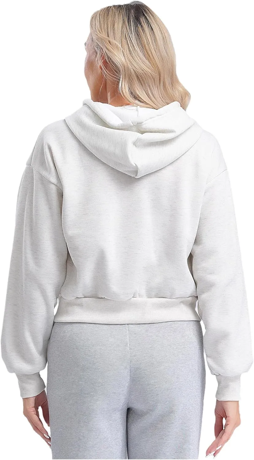 Women's Zip Up Hoodies Fleece-Lined Cropped Long Sleeve Sweatshirts with Pockets Casual Cropped Hoodie