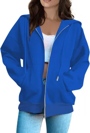 Womens Zip Up Hoodies Lightweight Fleece Jacket Oversized Hooded Sweatshirt Casual Drawstring Fall Clothes w/Pockets