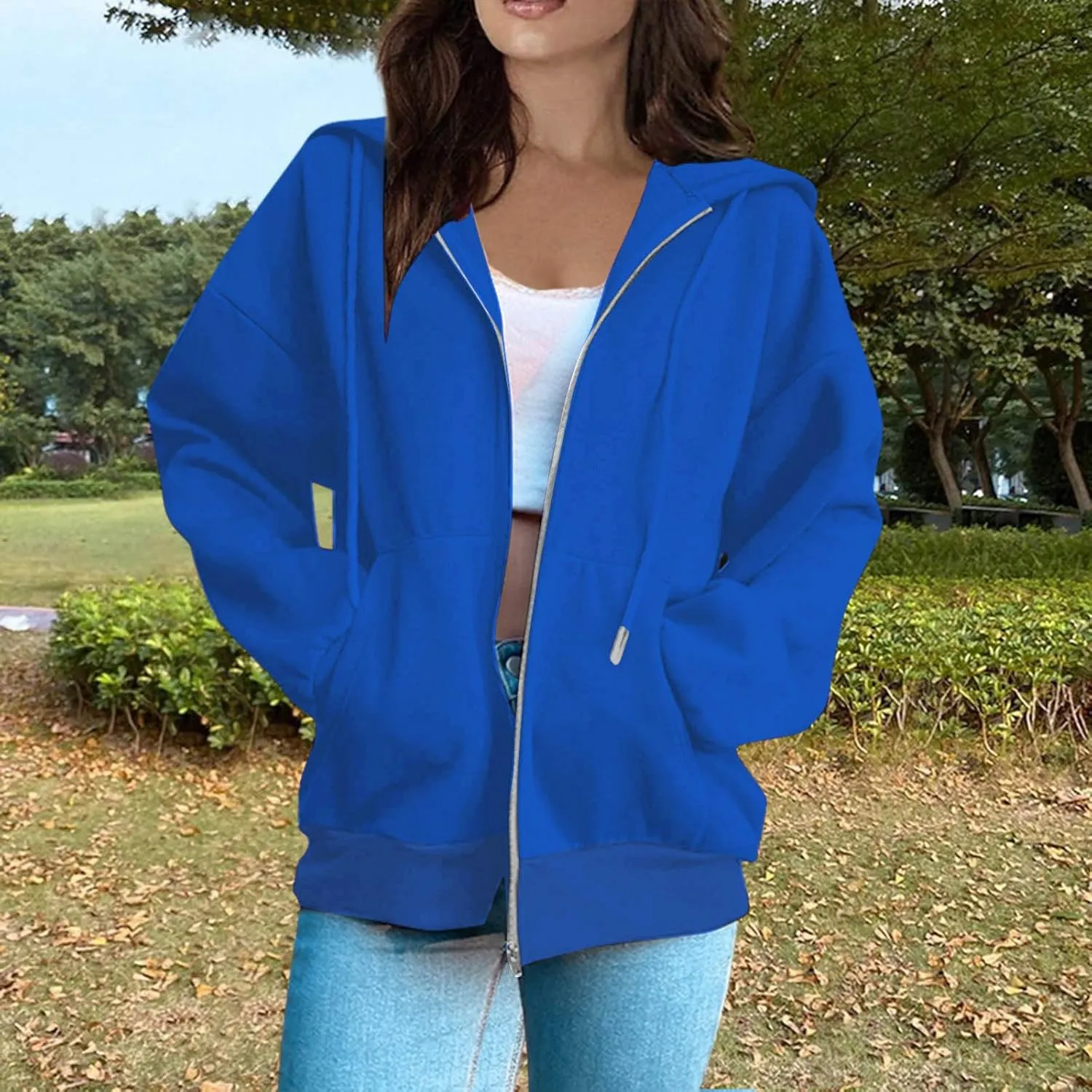 Womens Zip Up Hoodies Lightweight Fleece Jacket Oversized Hooded Sweatshirt Casual Drawstring Fall Clothes w/Pockets