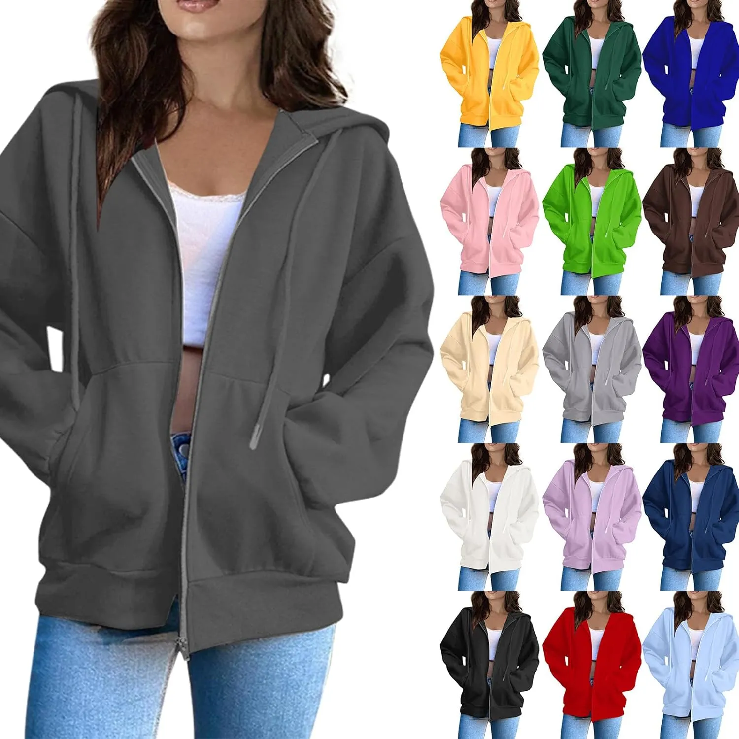 Womens Zip Up Hoodies Lightweight Fleece Jacket Oversized Hooded Sweatshirt Casual Drawstring Fall Clothes w/Pockets