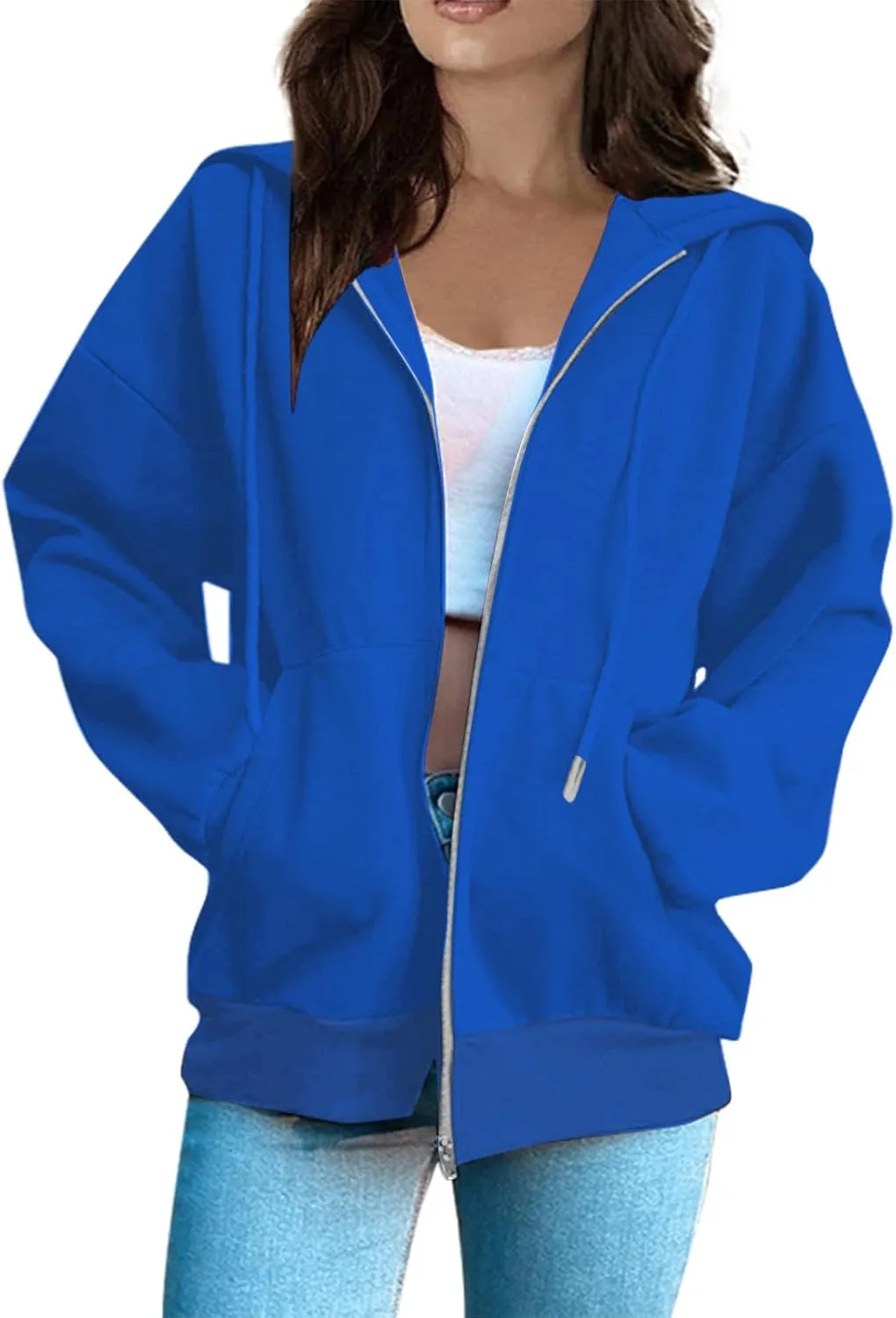 Womens Zip Up Hoodies Lightweight Fleece Jacket Oversized Hooded Sweatshirt Casual Drawstring Fall Clothes w/Pockets