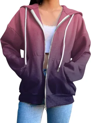 Womens Zip Up Hoodies Long Sleeve Drawstring Sport Sweatshirts Jacket Casual Fashion Jackets Fall Outfits