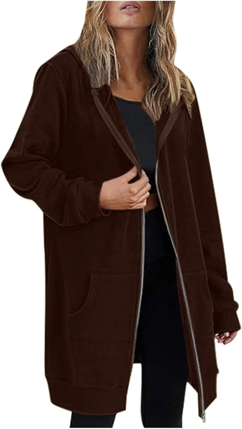 Womens Zip Up Hoodies Long Sleeve Fall Lightweight Hooded Sweatshirt Oversized Fleece Jacket With Pockets