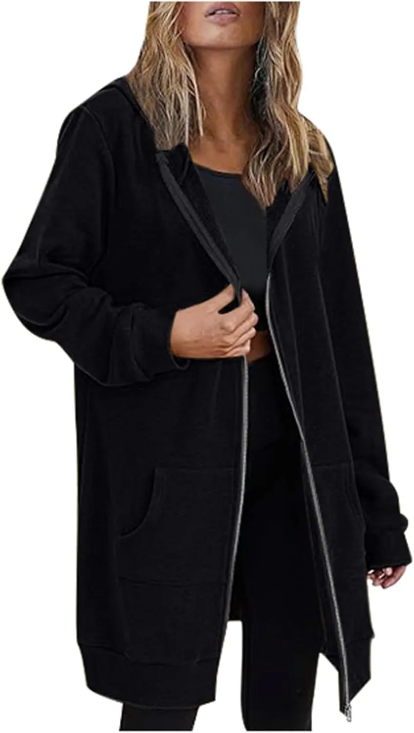 Womens Zip Up Hoodies Long Sleeve Fall Lightweight Hooded Sweatshirt Oversized Fleece Jacket With Pockets