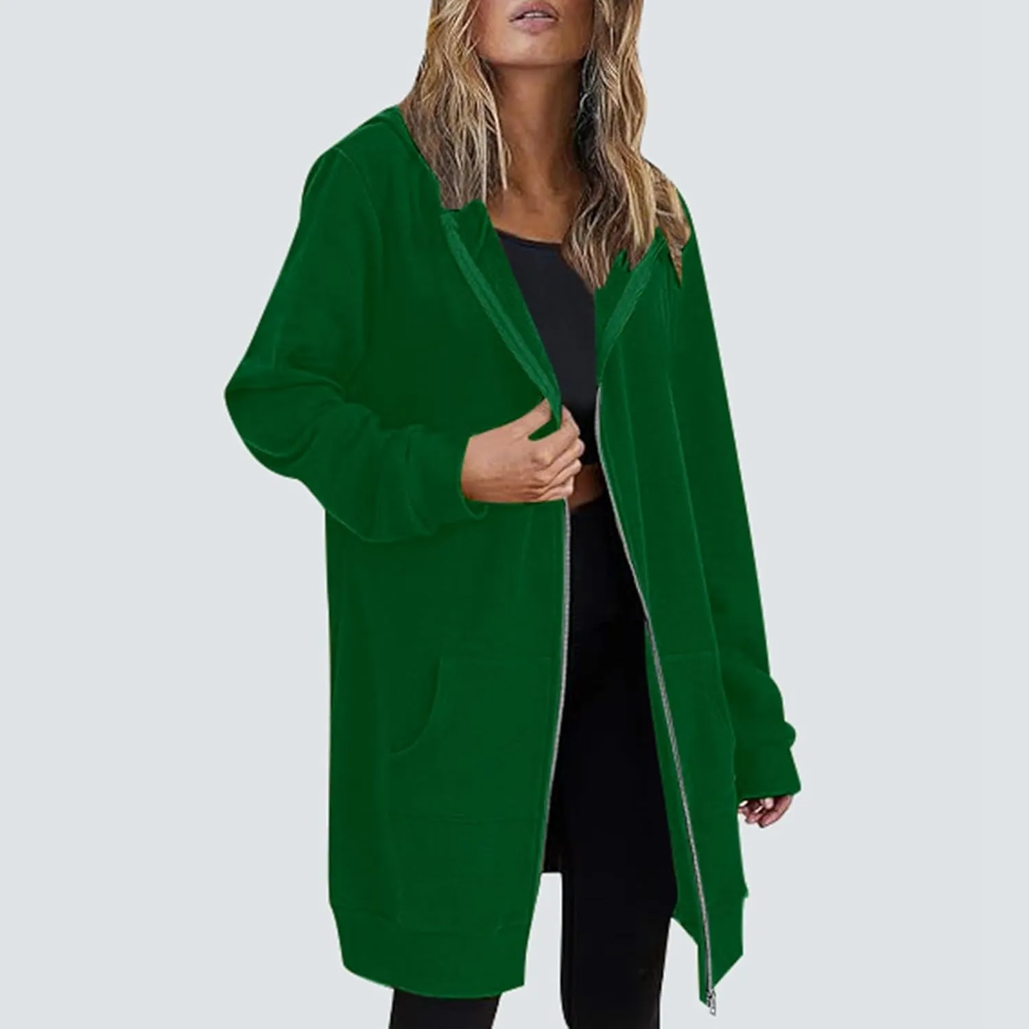Womens Zip Up Hoodies Long Sleeve Fall Lightweight Hooded Sweatshirt Oversized Fleece Jacket With Pockets