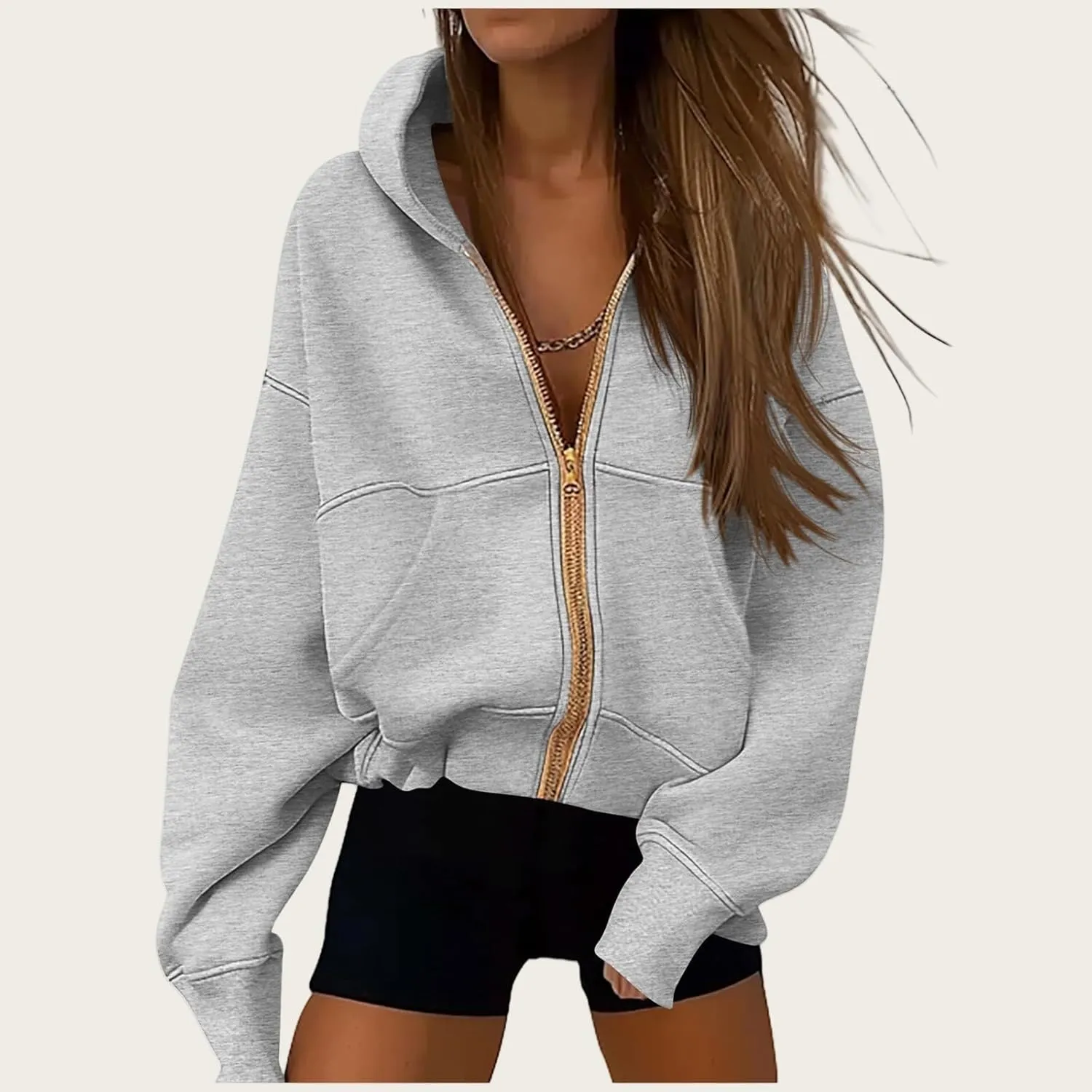 Womens Zip Up Hoodies Long Sleeve Loose Fit Jackets Fashion Fleece Cropped Jackets with Pockets