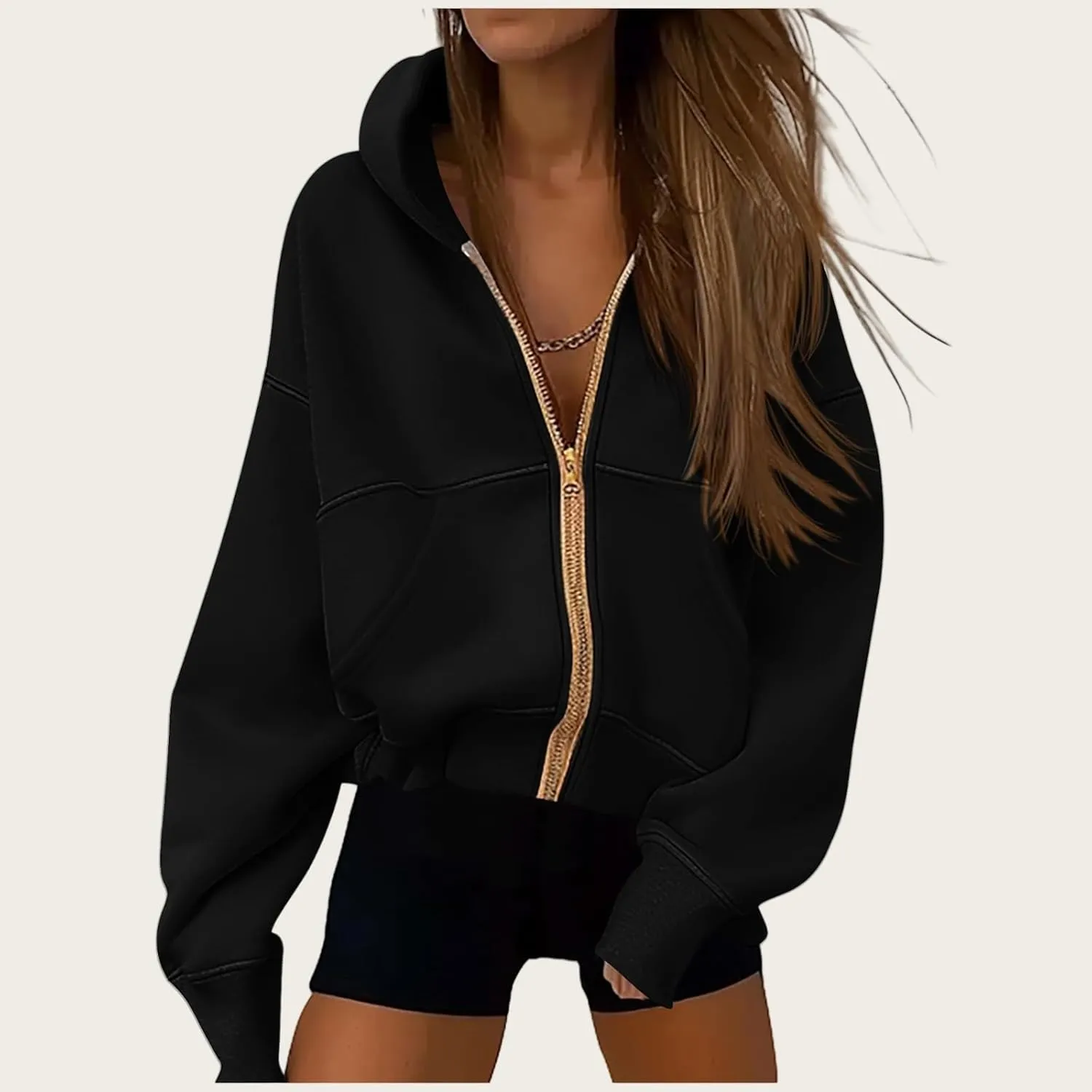 Womens Zip Up Hoodies Long Sleeve Loose Fit Jackets Fashion Fleece Cropped Jackets with Pockets