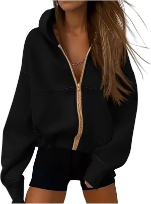 Womens Zip Up Hoodies Long Sleeve Loose Fit Jackets Fashion Fleece Cropped Jackets with Pockets