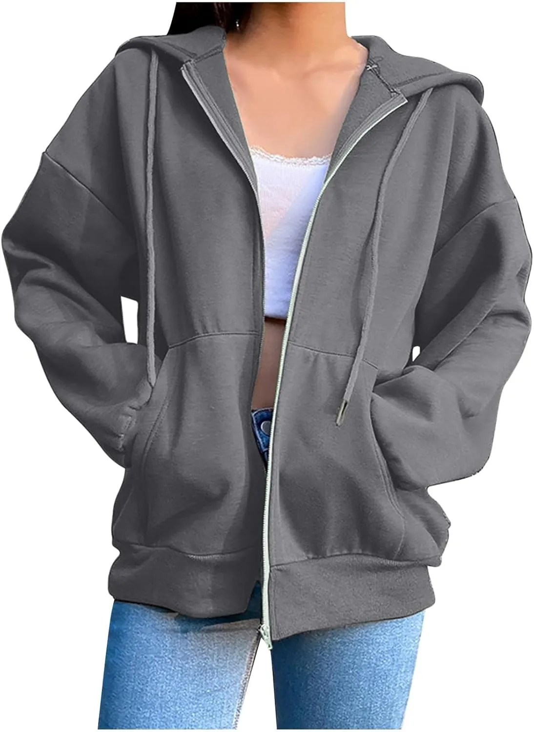 Womens Zip Up Hoodies Long Sleeve Oversized Sweatshirts Fleece Jacket Pockets 2024 Fall Outfits Fashion Clothes