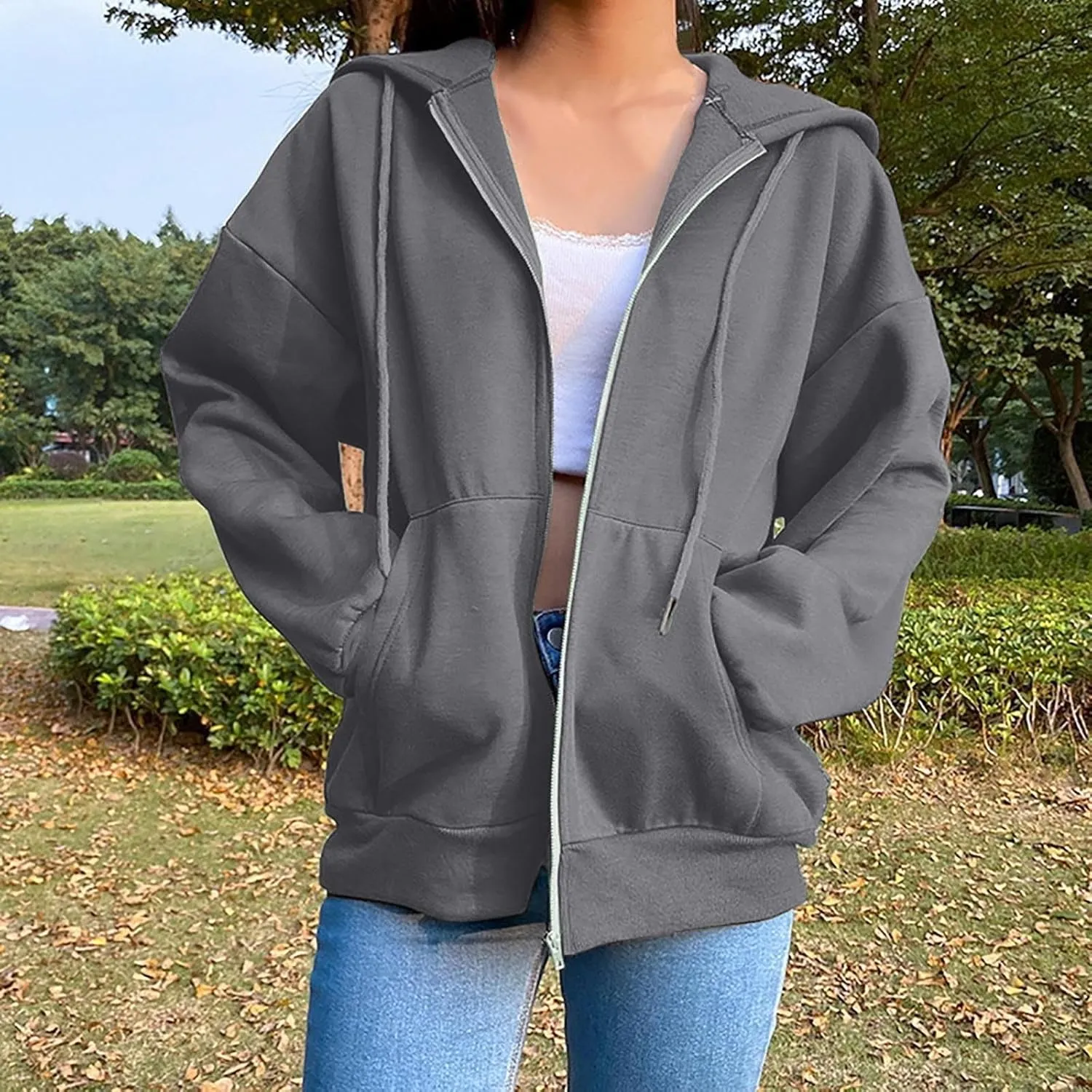 Womens Zip Up Hoodies Long Sleeve Oversized Sweatshirts Fleece Jacket Pockets 2024 Fall Outfits Fashion Clothes