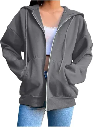 Womens Zip Up Hoodies Long Sleeve Oversized Sweatshirts Fleece Jacket Pockets 2024 Fall Outfits Fashion Clothes