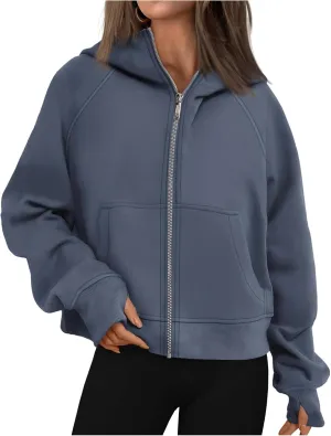 Womens Zip Up Hoodies Oversized Cropped Fleece Jackets Casual Loose Sweatshirts Fall Outfits Winter Clothes