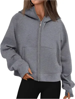 Womens Zip Up Hoodies Oversized Cropped Fleece Jackets Casual Loose Sweatshirts Fall Outfits Winter Clothes