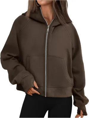 Womens Zip Up Hoodies Oversized Cropped Fleece Jackets Casual Loose Sweatshirts Fall Outfits Winter Clothes