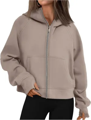 Womens Zip Up Hoodies Oversized Cropped Fleece Jackets Casual Loose Sweatshirts Fall Outfits Winter Clothes