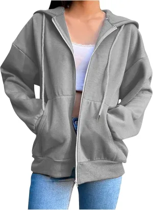 Womens Zip Up Hoodies Oversized Lightweight Hooded Solid Sweatshirt Long Sleeve Jacket Y2K Fall Clothes