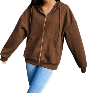 Womens Zip Up Hoodies Oversized Lightweight Hooded Solid Sweatshirt Long Sleeve Jacket Y2K Fall Clothes