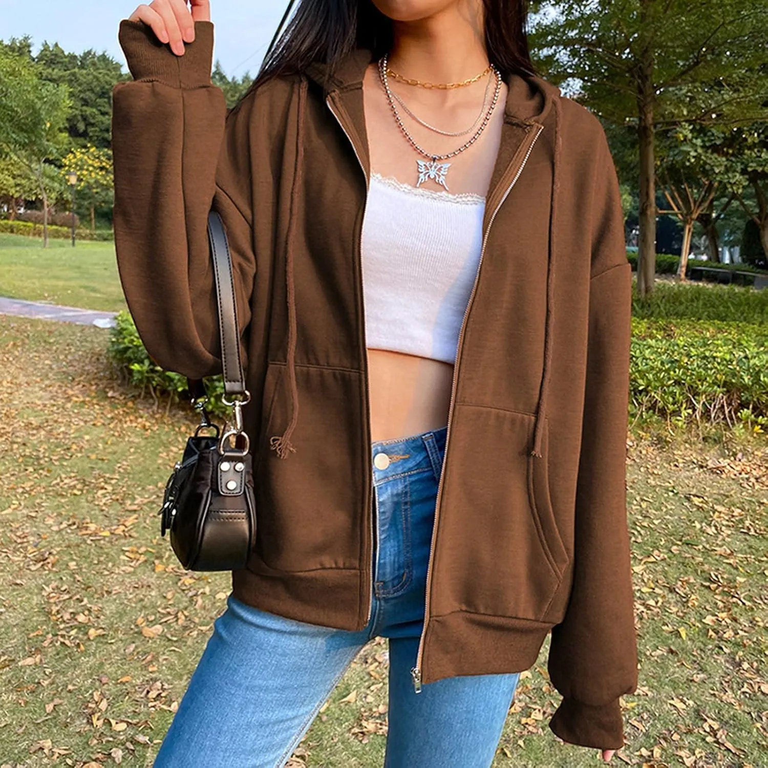 Womens Zip Up Hoodies Oversized Lightweight Hooded Solid Sweatshirt Long Sleeve Jacket Y2K Fall Clothes
